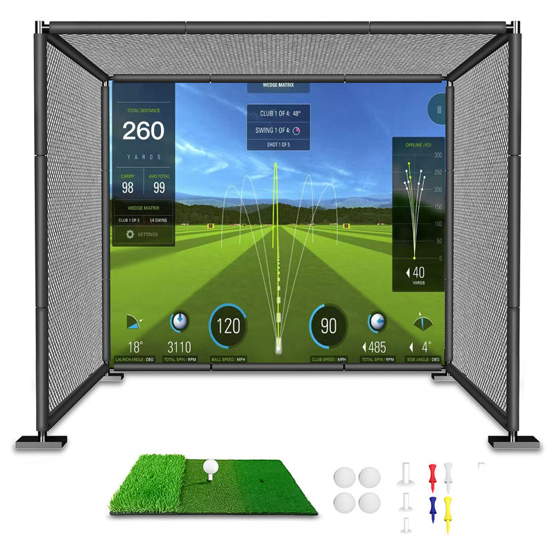 Golf Simulator Cage with Impact Screen – Indoor Golf Practice Net & Hitting Mat